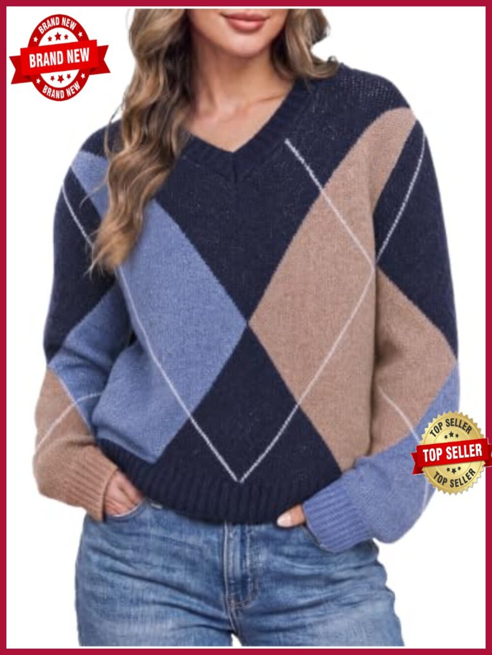 V Neck Argyle Sweater Long Sleeve Knit Pullover Loose Fit Casual